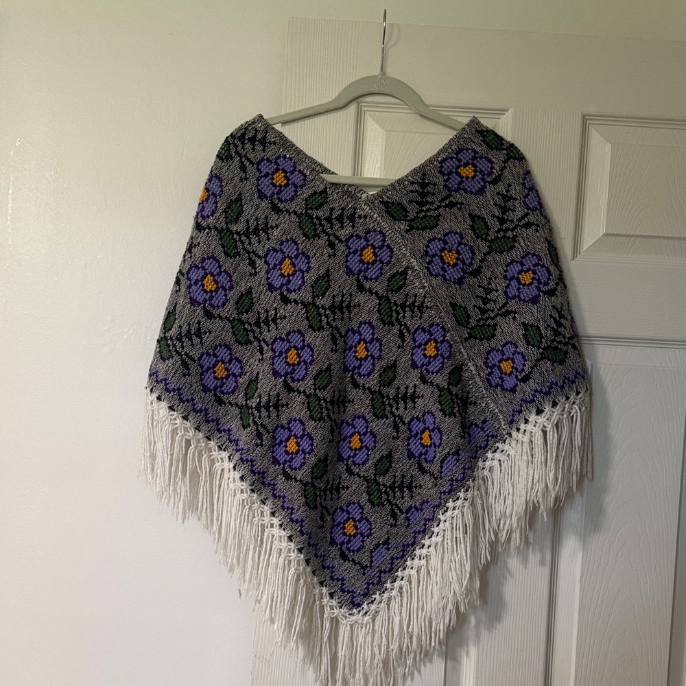 Floral Knit Poncho with Fringe